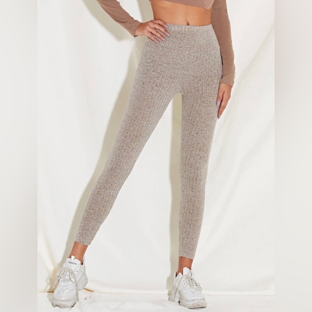 NEW Nude Tan Ribbed Wide Waistband Leggings Size Large